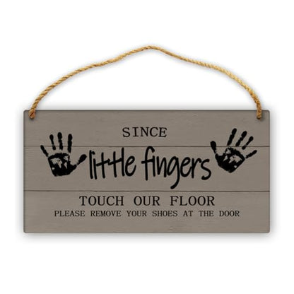 Little Fingers Sign - Please Remove Shoes At Door - 12x12in Grey No Shoes Sign for Front Door Wall Hanging - color: Dark Grey-Since Little Fingers