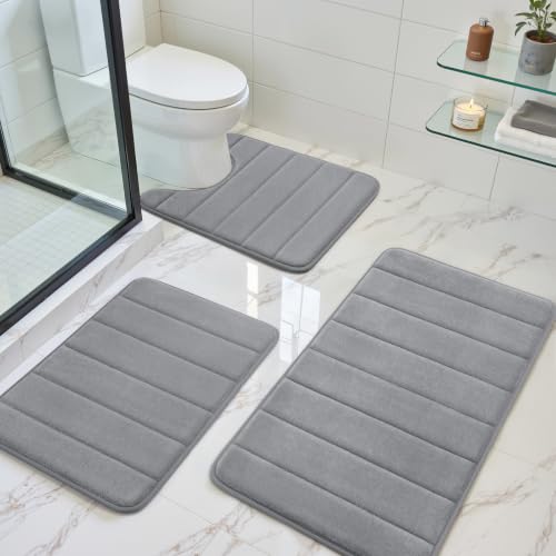 BYSURE Grey Memory Foam Bathroom Rug Set 3 Piece, Non Slip Extra Soft Absorbent Bath Mats, Machine Washable & Dry Toilet Mat Sets for Bathroom Floor | Non Slip Extra Soft Absorbent Machine Washable Toilet Bath Toilet Mat for Shower, for Bathroom - color: