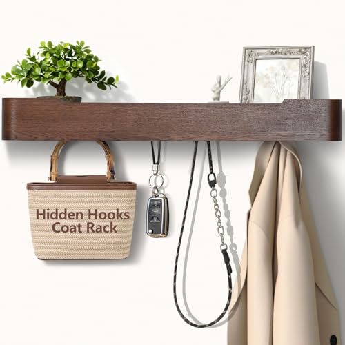 Coat Rack Wall Mount with Shelf 8 Hidden Hooks Modern Wooden Key Holder Entryway Organizer for Hallway Bedroom Bathroom Home Decor Storage for Hanging Coats Hats Bags Towels, Walnut - color: Walnut, size: 8 Hooks