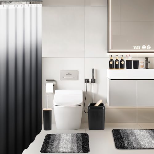 32PCS Bathroom Sets with Shower Curtain and Rugs,Bathroom Set Black Bathroom Accessories Black Shower Curtain Set with Bathroom Trash Can - size: Bath Set+Shower Curtain+Bath Rugs, style: Black