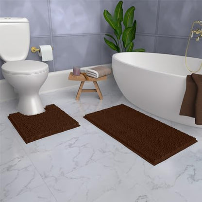 Bathroom Rugs Sets 2 Piece, Luxury Chenille Bath Mat Set, Soft Plush Anti-Slip Bath Rug + U-Shaped Toilet Mat. Microfiber Shaggy Carpet, Super Absorbent (24” x 36” & 20” x 24” U, Brown) - color: Brown, size: 2 Piece Set - Large