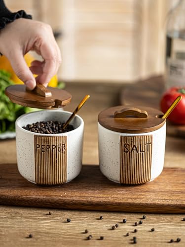 Salt and Pepper Bowls Ceramic, 10 OZ Salt and Pepper Container | Salt and Pepper Cellar wiht Lid & Spoon, Salt Containers for Countertop, Easy Access, Rustic Woodgrain Embossed Design, White - color: White, size: Set of 2