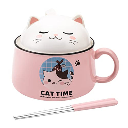 Ramen Bowl Set with Chopsticks, Cute Cat Instant Ramen Noodle Bowls with Lid, 34.5 OZ Extra Large Ceramic Soup Bowls with Handle, Japanese Ramen Cooker, Microwave safe (Pink) - color: Pink