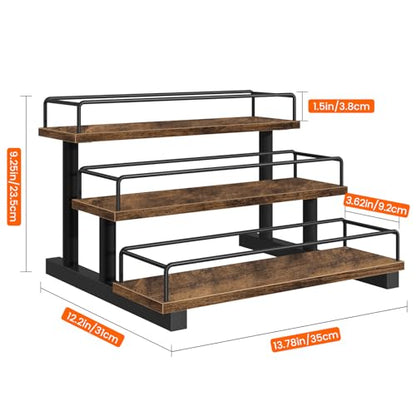 Liquor Bottle Display Shelf, 3 Tier Coffee Syrup Rack Organizer | Wine Rack Countertop, Home Retro Bar Shelf Stand Holder for Liquor Whiskey Spirits, Mini Bar, Liquor Cabinet, Rustic Brown
