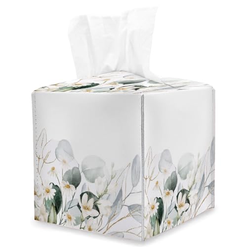Eucalyptus Tissue Box Cover Square, Watercolor Green Leaves Branches Cube Tissue Box Holder, Tabletop Decor Leather Facial Paper Organizer Dispenser for Bathroom Home Car Night Stand Living Room/08 - color: Eucalyptus