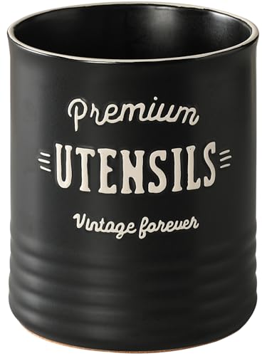 DOWAN 7.2″ Extra Large Utensil Holder, Farmhouse Utensil Holder for Kitchen Counter, Ceramic Utensil Crock with Protection Cork Mat, Utensil Storage for Kitchen Decor & Housewarming Gift, Matte Black - color: Matte Black