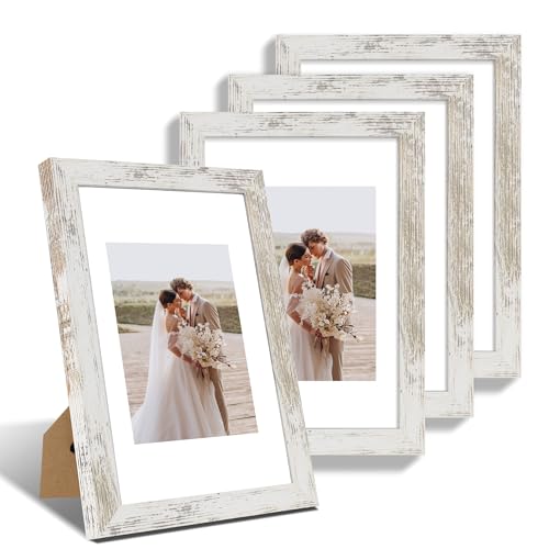 Hongkee 8x12 Picture Frame Set of 4, Made of Glass and Distressed White Wooden Frame - Display 6x8 Picture with Mat or 8 x 12 Poster Without Mat, 8 by 12 Photo for Wall or Tabletop - color: Distressed White, size: 8x12 in