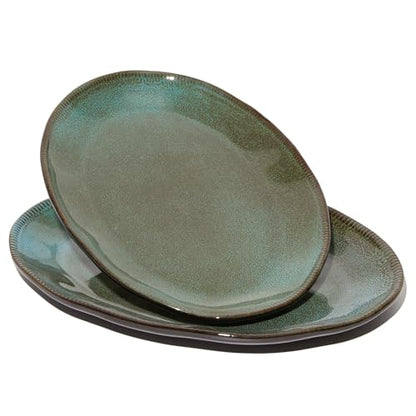 Stoneware Serving Platters, Oval 13.18/11.92 inch Serving Dishes for Entertaining, Ceramic Serving Trays for Party, Fruit, Turkey, Cheese, Trays for Serving Food, Microwave Safe, Brown Green