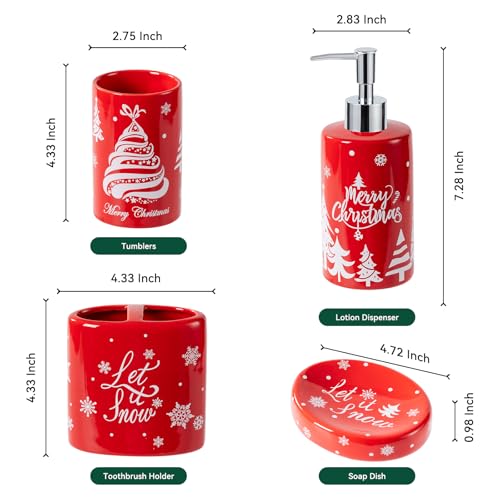 Christmas Bathroom Accessories Set, 4-Piece Ceramic Bathroom Accessory Set Include Lotion Dispenser, Toothbrush Holder Tumbler, and Soap Dish (Red) - color: Red