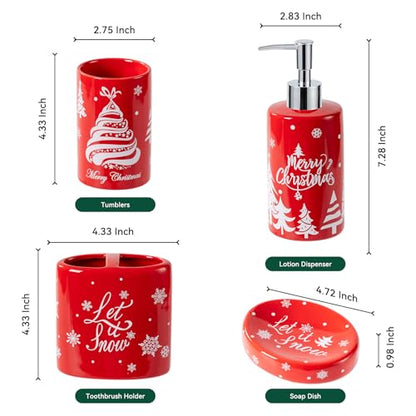 Christmas Bathroom Accessories Set, 4-Piece Ceramic Bathroom Accessory Set Include Lotion Dispenser, Toothbrush Holder Tumbler, and Soap Dish (Red) - color: Red