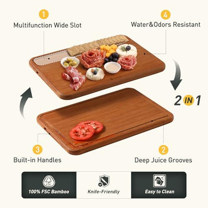 Bamboo Cutting Board for Kitchen Non Toxic Durable Wooden Cutting Boards with Deep Juice Grooves, Ideal Charcuterie Chopping Large for Meat Vegetables Fruits Cheese BBQ Ideal Kitchen Cool Unique Gifts