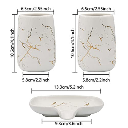 4 Pcs Creative Golden White Ceramics Bathroom Accessories Set, Include Lotion Dispenser Soap Pump, Toothbrush Holder, Tumblers, Soap Dish (Ceramic White)