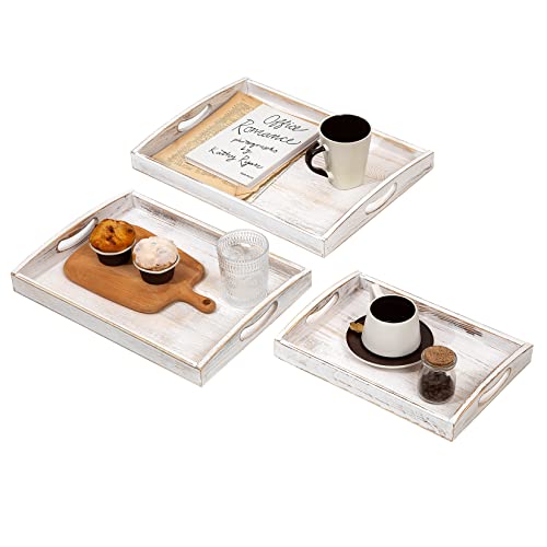Country Rustic Wood Nesting Dinning Breakfast Serving Trays with Wood Handles, Set of 3,Can Put Food, Fruit, Plates - color: Washed White