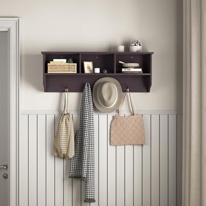 38.6inch Wall Mounted Entryway Coat Rack with Storage Shelf 4 Dual Hooks Wooden Storage Living Room Wall Cabinet with 3 Cubbies Space Saving Hanging Shelf for Hats Bags Coats (Espresso) - color: Espresso