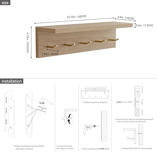 Marine Plywood Wall Mounted Coat Rack with Shelf & Key Hooks, 5 Brass Hooks Entryway Organizer, Modern Floating Shelf for Bedroom Hallway, Space-Saving Home Storage Rack (1, Oak Finish) - color: Oak Finish