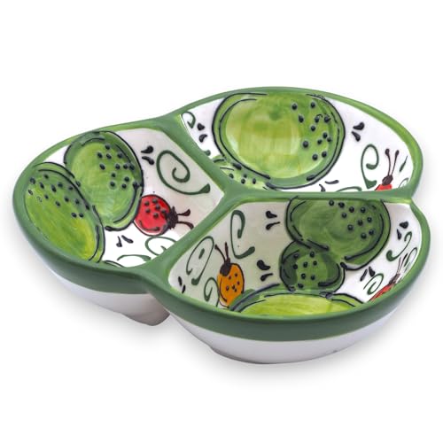3-Compartment Ceramic Serving Dish, Handmade in Spain | 7.5” divided chip and dip bowl with lead-free glaze, microwave, oven and dishwasher safe, ideal for tapas, snacks and sauces - color: Cactus Green