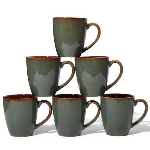 Pokini Coffee Mug 14 oz, Ceramic Coffee Mugs Set of 6, Reactive Glaze Mug for Latte/Tea/Cappuccino, Large Stackable Mug Set for Men, Women, Dad, Mom, Dishwasher & Microwave Safe, Brown Green - color: Brown Green, size: 6 Count (Pack of 1)