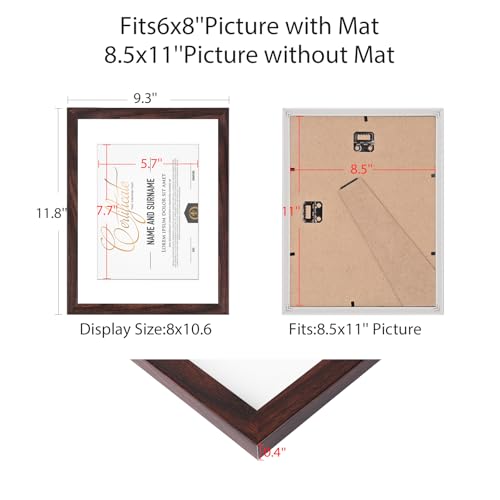 8.5x11 Picture Frame Set of 6, Certificate Document Frame, Diploma Frame, Display Pictures 6x8 with Mat or 8.5x11 Without Mat, Brown - color: Brown, size: 8.5x11