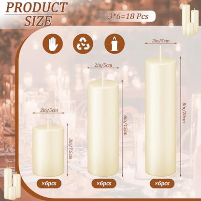 Ivroy Pillar Candles Bulk Set of 18，Hurricane Candles，3 Different Lengths 2 x 3/6/8 Inch (6 Each)，Dripless Unscented Smokeless，Gives You a Better Atmosphere When Organizing an Event Party. - color: 18 Flat-top, size: 2 x 3/6/8 Inch