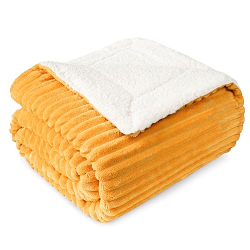 PAVILIA Mustard Yellow Sherpa Fleece Throw Blanket for Couch, Soft Plush Fuzzy Blankets, Fluffy Flannel Sherpa Blanket for Sofa, Warm 3D Ribbed Winter Blanket Gift, 50x60 inches - color: Yellow, size: 50 x 60 Inches - Throw