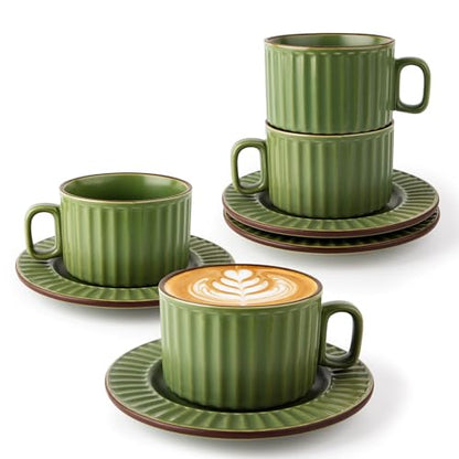 DOWAN Cappuccino Cup Set of 4, 8 OZ Ceramic Coffee Cups with Saucers, Coffee Mugs, Ribbed Espresso & Latte Cups Set, Elegant Stoneware for Home & Café Use - color: Green, size: 8 oz