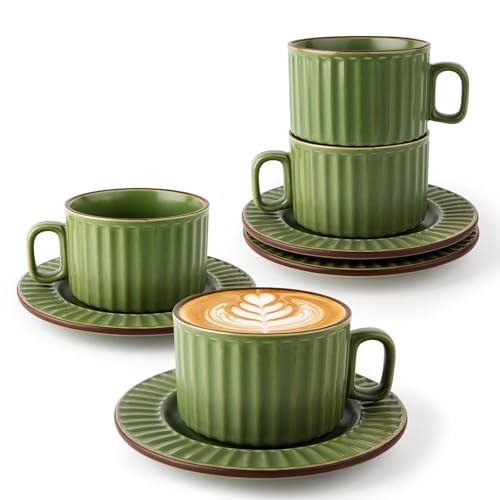 DOWAN Cappuccino Cup Set of 4, 8 OZ Ceramic Coffee Cups with Saucers, Coffee Mugs, Ribbed Espresso & Latte Cups Set, Elegant Stoneware for Home & Café Use - color: Green, size: 8 oz