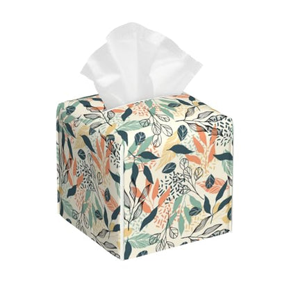 Boho Leaves Tissue Box Cover Square, Tissue Box Holder with Bottom Belt Leather Facial Paper Organizer Dispenser for Bathroom Bedroom Dresser Night Stand Tabletop - color: Boho Leaves