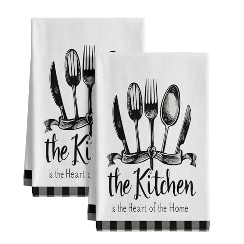 Funny Kitchen Towels and Dishcloths Sets of 2 Kitchen Towels with The Kitchen is The Heart of The Home Sayings Absorbent Drying Tea Dish Towel for Cooking Baking Home Decorations,18 x 26 Inch - color: Knife Fork Spoon