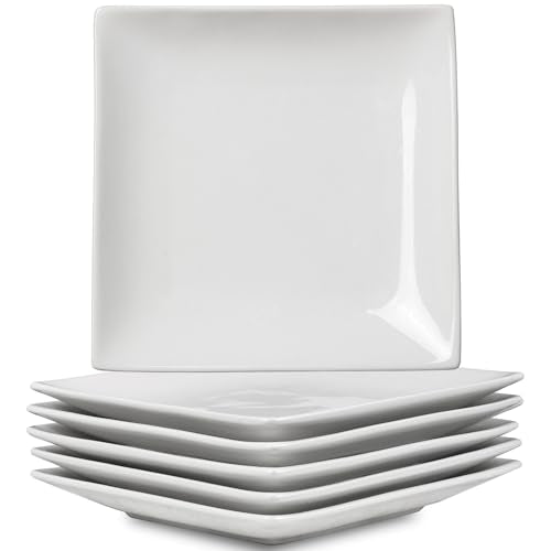 Appetizer Plates Set of 6, 6 Inch Porcelain Dessert Plates, White Stackable Square Salad Plates for Snack Steak Bread Butter, Chip and Scratch Resistant, Microwave and Dishwasher Safe | Small Dinner Plates, White Ceramic Serving Dishes for Salad Snack Ste