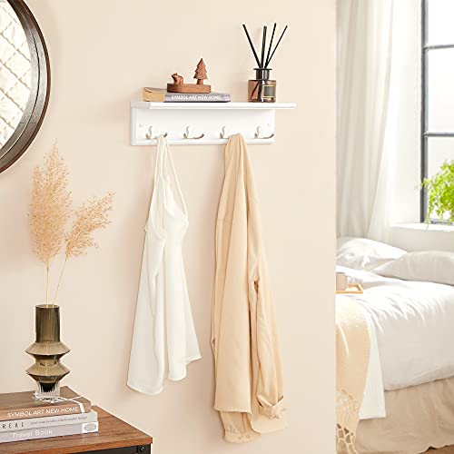 SONGMICS Entryway Hanging Coat Rack, Wall-Mounted Wooden Shelf, with 4 Double Hooks, Wall Floating Shelf, White ULHR42WT - color: White, size: 1 Pack-4 Hooks, style: With Shelf