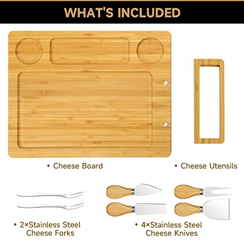 Bamboo charcuterie boards Gift Set - Serving Meat Cheese Board, Charcuterie Board Set with 4 Stainless Steel Cheese Knife, Ideal for House Warming Gifts New Home, Christmas, Bridal Shower Gift | 4 stainless steel cheese knives, serving platter. Perfect fo