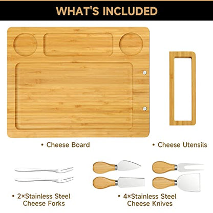 Bamboo charcuterie boards Gift Set - Serving Meat Cheese Board, Charcuterie Board Set with 4 Stainless Steel Cheese Knife, Ideal for House Warming Gifts New Home, Christmas, Bridal Shower Gift | 4 stainless steel cheese knives, serving platter. Perfect fo