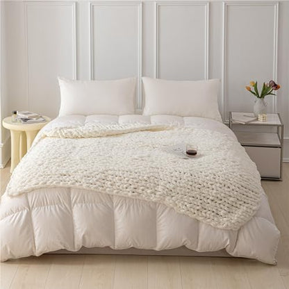 Chunky Knit Blanket Throw for Couch 50"×60" Cream | 100% Handmade Knitted Throw Blanket Fluffy Soft Blanket with Jumbo Chenille Yarn Thick - color: Cream, size: 50"*60"