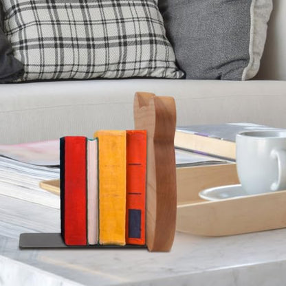 Cabilock 2 Pieces Book Stoppers: Wooden Bear Bookends for Shelves - Metal Base Non-Skid Book Ends for Bookshelf Decoration Home Office School Supplies