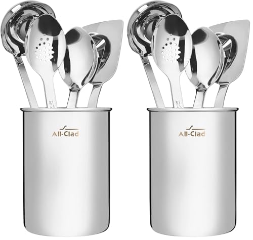 All-Clad 5-Piece Stainless Steel Kitchen Utensil Set – Includes Ladle, Solid Spoon, Slotted Spoon, Turner & Storage Caddy – Heavy-Gauge, Ergonomic, Dishwasher Safe, Silver (Pack of 2) - size: 5-Piece (Pack of 2)