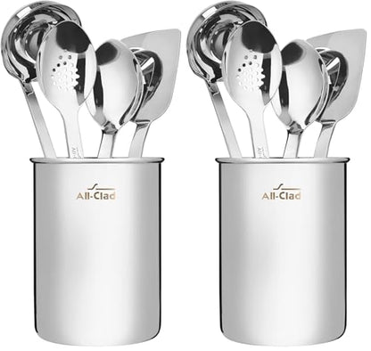 All-Clad 5-Piece Stainless Steel Kitchen Utensil Set – Includes Ladle, Solid Spoon, Slotted Spoon, Turner & Storage Caddy – Heavy-Gauge, Ergonomic, Dishwasher Safe, Silver (Pack of 2) - size: 5-Piece (Pack of 2)