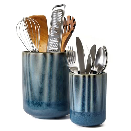 Utensil Holder, 7.3"+5.3" Ceramic Large Kitchen Utensil Holder for Countertop, Modern Spatula Holder for Counter, Kitchen Utensils Holder Utensil Crocks, Reactive Glaze Blue - color: Blue