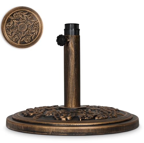 Backyard Expressions 20 lb Patio Umbrella Base Stand, Decorative Rose Medallion Antique Bronze Finish, Fits 1.5–1.9 in Poles w/Adapters, 18 in Round Weighted Outdoor Umbrella Holder for Deck & Table - color: Bronze 20 Lb