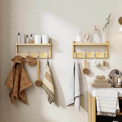 STELLSTAR Coat Rack with Shelf, 2 Pack Bamboo Wall-Mounted Coat Hanger with 8 Hooks for Entryway, Hallway, Kitchen, Bathroom, Living Room, Utility Room (Natural) - color: Natural