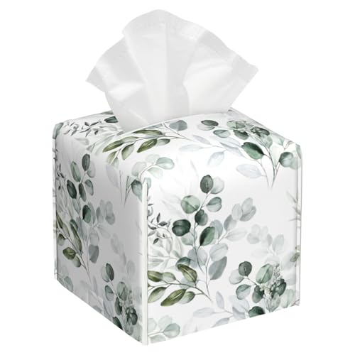 Tissue Box Cover Square, Watercolor Green Floral Eucalyptus Leaves Leather Tissue Box Cover Decorative Facial Paper Organizer Dispenser for Bathroom Kitchen Bedroom Vanity Countertop Night Stands - color: Color12