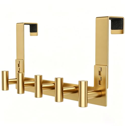 HUFEEOH Over The Door Hooks, 1 Pack Stainless Steel Door Hanger for Towel & Coat, Tool-Free T Shape Bathroom & Dorm Hooks for Hanging (Gold, Fits 1-3/4" Thick Door - 5 "T“ Hooks) - color: Gold, size: Fits 1-3/4" Thick Door - 5 "T” Hooks