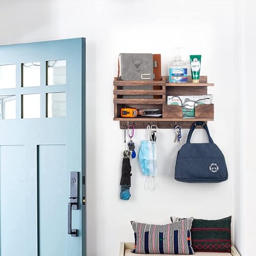 Key Holder Wall Mount, Wooden Organizer Wall Mount with 4 Double Hooks and Wallet Holder, Sunglasses and Mail Storage Rack for Entryway or Mudroom - Brown