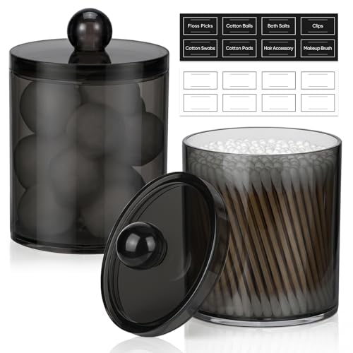 2 Pack Acrylic Qtip Holder Dispenser for Cotton Swabs, Balls, Floss Picks | Thick, Clear Black, w/ Labels - Small Canister Apothecary Jar Set, Bathroom Decor Essentials, Shelf Vanity Storage Organizer - color: Black-2 Pack
