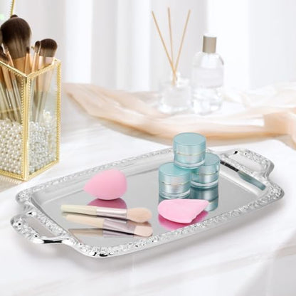 STOBAZA Silver Serving Tray with Handles, 15.3-Inch Metal Coffee Table Tray Butler Plate for Breakfast in Bed