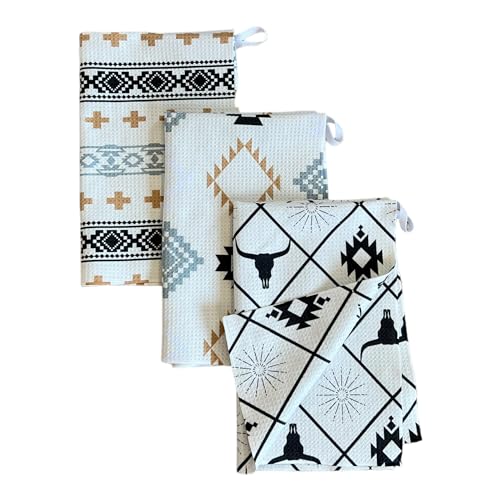 Kitchen Towels, Dish Towels for Kitchen, 3 Pc Kitchen Towel Set | Microfiber Waffle Towels, 16 x 26 inches, with Hanging Loops, Reusable Tea Towels, Cute Kitchen Towels - 3 Pack - color: Aztec