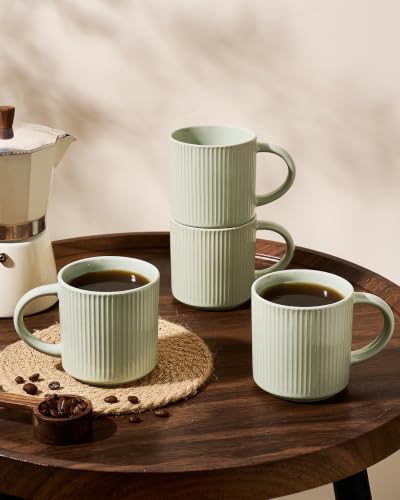 famiware Coffee Mug Set of 4, Star 12 oz Ceramic Mugs Cups Set with Handle | Stoneware Stackable Catering Cup for Coffee, Tea, Cappuccino, Latte, Microwave & Dishwasher Safe, Green - color: Star-Green, size: 4 Count (Pack of 1)