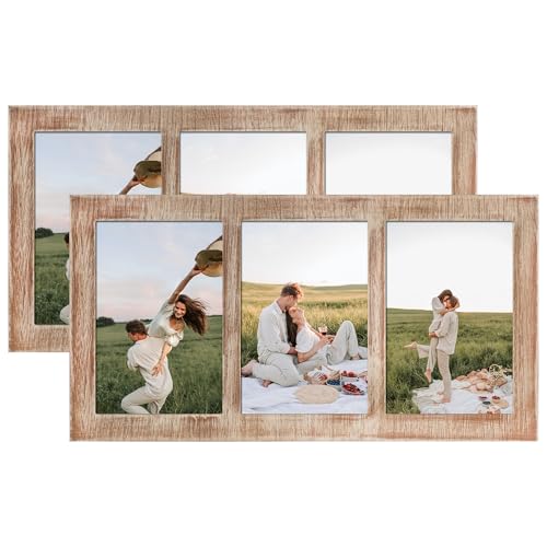 YESKAY 4x6 Collage Picture Frames,3 Picture Frame 4x6 with Real Glass,Rustic Brown Wooden Frame,3 Opening 4 by 6 Photo Frame Wall Decor or Tabletop,2 Pack - color: Rustic Brown, size: 4x6-3 Opening(OD:7x13in)
