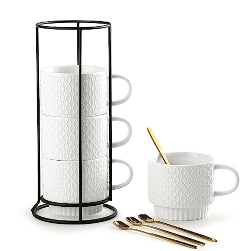 Gomakren Stackable 13oz Coffee Mugs Set of 4 with Stand & Spoons, White | Large Capacity for Cappuccino Coffee Milk Tea Drinks | Embossed Stoneware Mugs, Black Metal Rack, Microwave/Dishwasher Safe - color: White