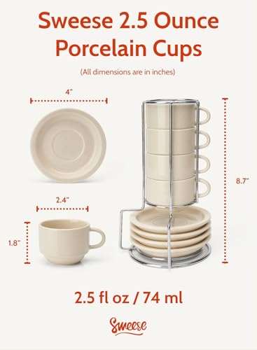 Sweese Porcelain Espresso Cups Set, 2.5 oz, Stackable with Saucers Metal Stand, Beige, 4 Pack - color: Beige, size: 2.5 Ounces