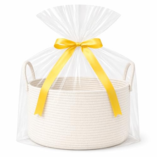Extra Large Gift Basket Empty to Fill for Shower Gifting, White | Includes Gift Bag and Ribbon, Premium Woven Rope, Soft Yet Structured, Reusable for Throw Blankets, Kids and Nursery Storage - color: White, size: Large